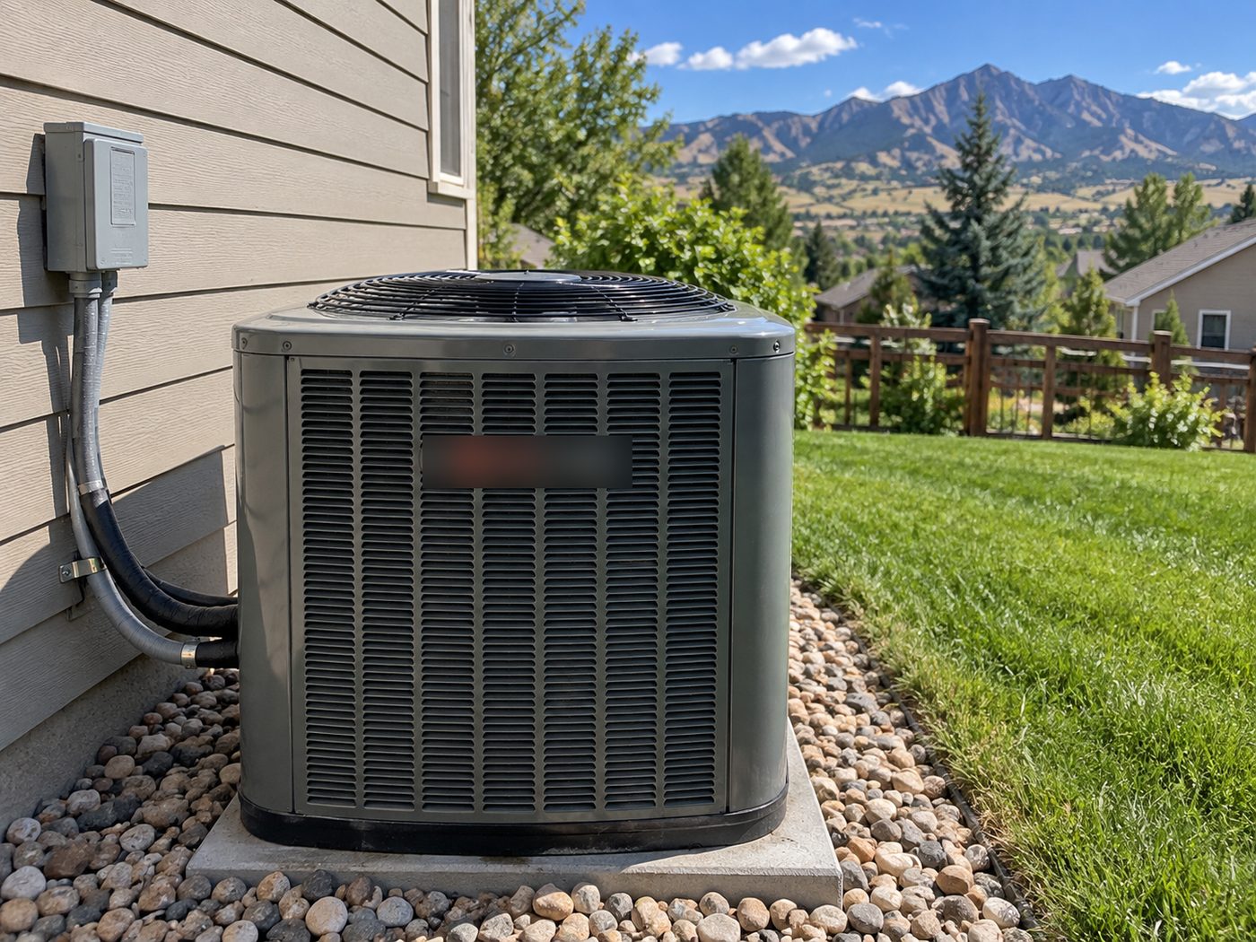 Outdoor air conditioning condenser beside a house with the foothills behind