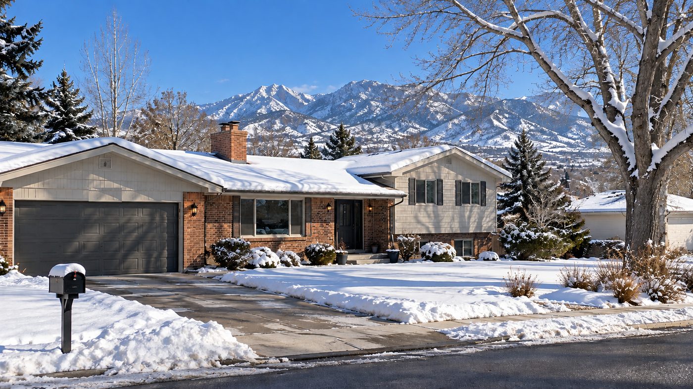 A brick split-level home in Arvada with snow on the roof and the mountains behind
