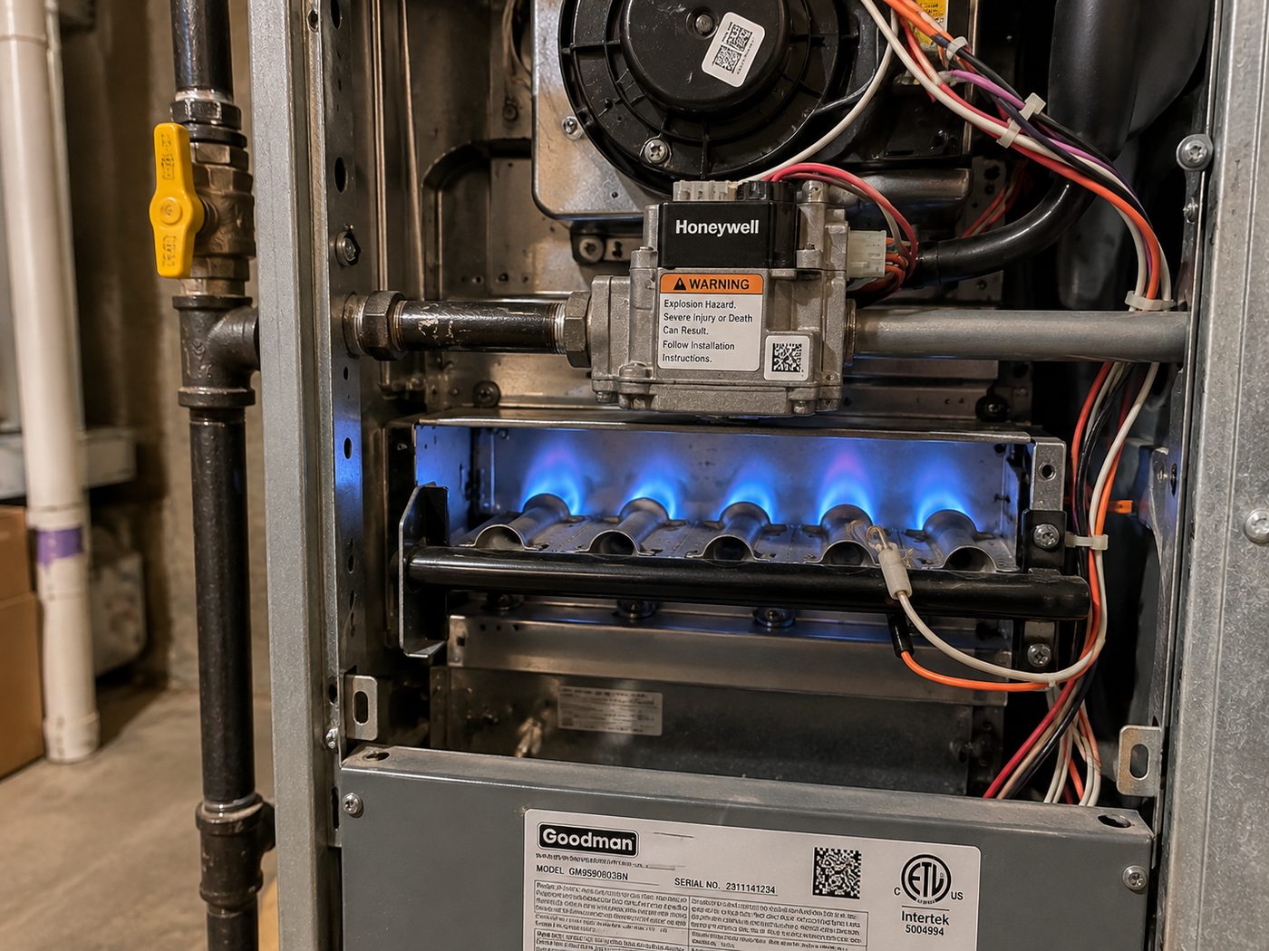 Gas furnace with the panel off and burners lit